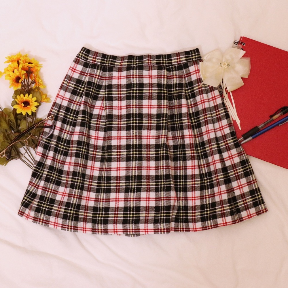 Greendog Red Black White Pleated Plaid Skirt